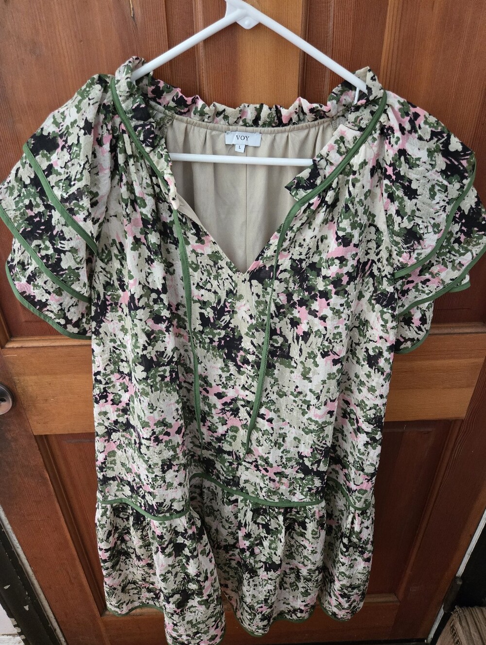 VOY Green Floral Print Ruffle Sleeve Dress